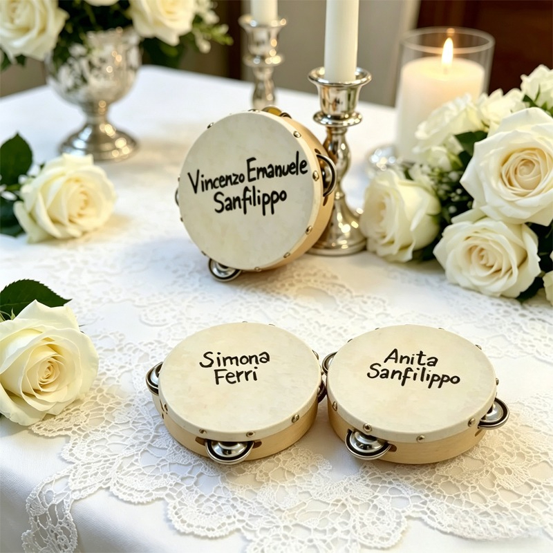 Musical Instrument And Names - 3/5 ชิ้น ﻿ กลองแทมบูรีนงานแต่งงาน กลองหนังแกะสลักชื่อได้ ของชำร่วยงานแต่งงาน