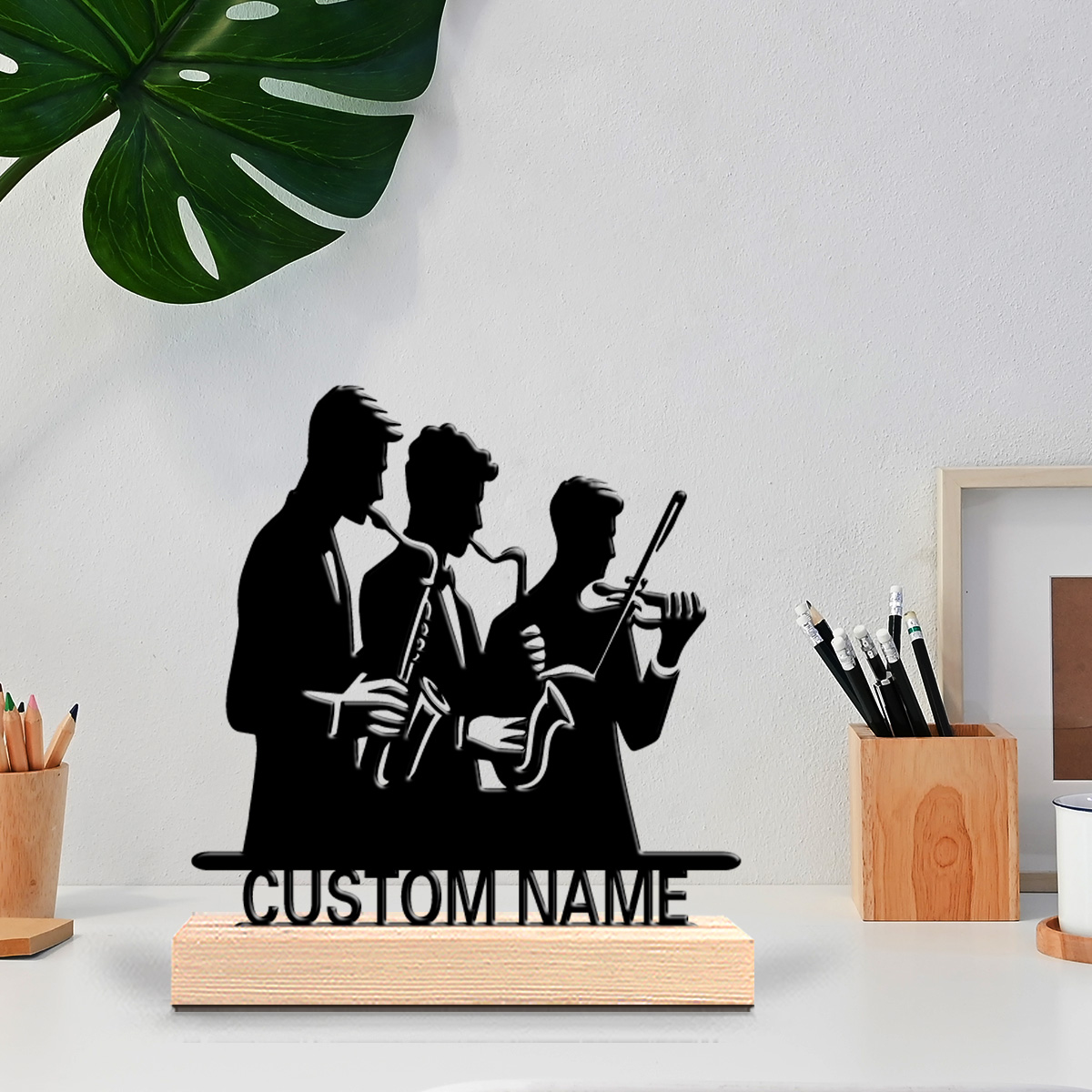 Musical Instrument And Names - ของตกแต่งโลหะรูปคนเล่นเครื่องดนตรีพร้อมชื่อสั่งทำพิเศษ ฐานไม้ ของขวัญสำหรับเด็ก